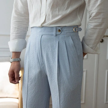 Men's Luxury Naples Slim-fit Thin Blue Striped Dress Pants Solid Color British Retro Premium Elegant Leisure High Waist Trousers